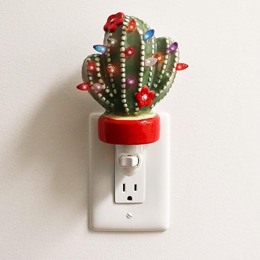Milltown Merchants Ceramic Christmas Tree Night Light - Plugin Christmas Tree with Lights - Lighted Vintage Ceramic Tree - Mini Christmas Tree Decorative Night Light (Cactus)