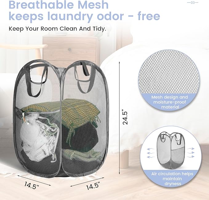 HOUSE AGAIN Mesh Popup Laundry Hamper, [Reinforced] Collapsible Laundry Basket, Foldable Pop Up Hamper with Durable Handles, Easy to Open and Fold for Dorm, Laundry Room, Bedroom, RV, (Grey)