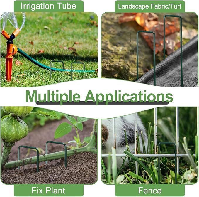 FOTMISHU Landscape Staples 6Inch 100pcs Garden Stakes + 100pcs Gasket, Lawn Pins with Spray Coating Craft,11Gauge Anti-Rust Ground Yard Spikes Anchoring for Outdoor Tents Irrigation Hoses (Green)