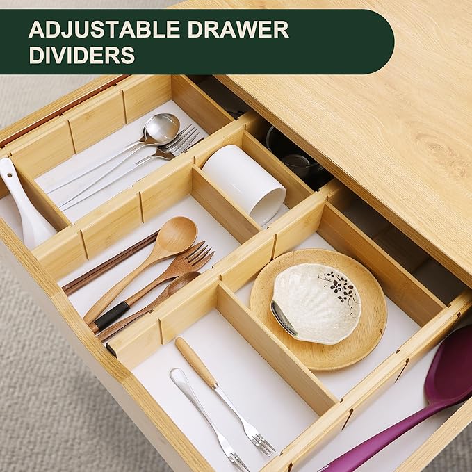 Utoplike 4 PCS Bamboo Kitchen Drawer Dividers with Inserts (Fits 15"-17.7" Drawer Inner Size), Adjustable Drawer Organizers for Socks, Spring Loaded, for Bedroom, Dresser, Bathroom