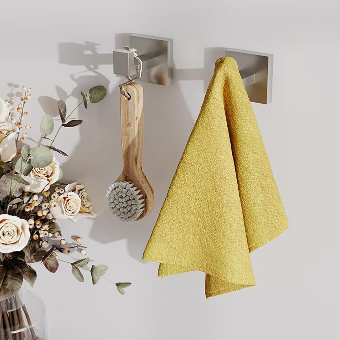 Ruacq Towel Hooks for Bathrooms, Heavy Duty Stainless Steel Square Bathroom Hooks, Wall Mounted Towel Hanger for Robe & Coat, Ideal for Kitchen, Bedroom, and Hotel Use(Brushed Nickel, 2 Pack)
