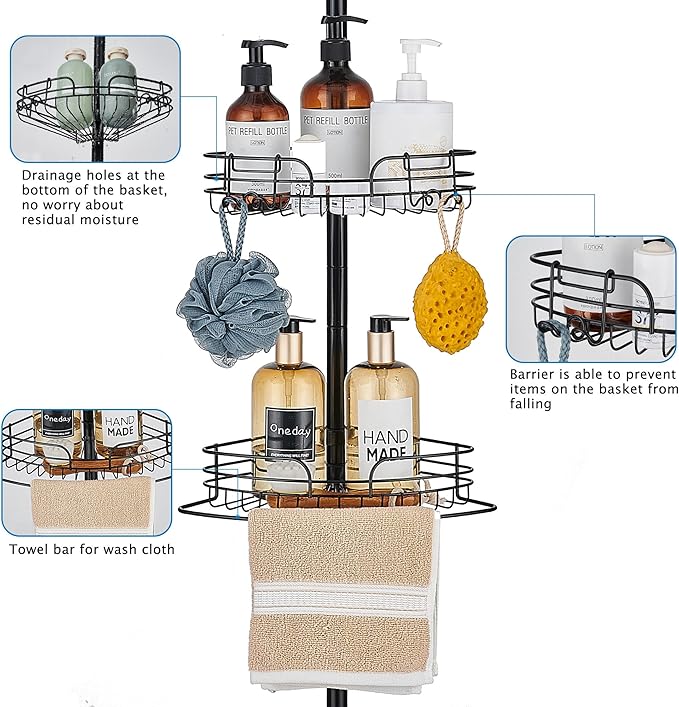 WPT Black Shower Caddy Tension Pole for Bathroom, Stainless Steel Corner Shower Caddy Organizer Stand for Bathtub Shampoo Storage, 4 Tier Adjustable Shelves, 28.7 to 104.7 Inches