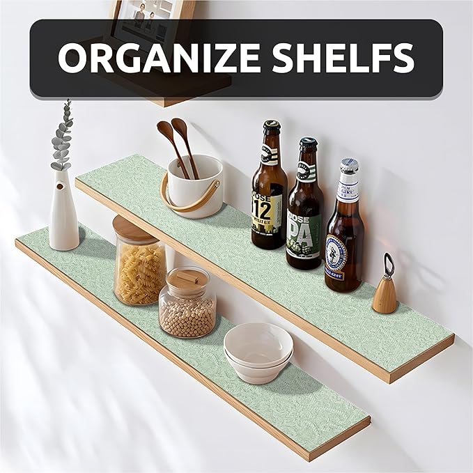 18X480 Inch Shelf Liner with Scissor & Tape Measure for Kitchen Cabinets, PVC Drawer Liner for Dresser Non-Slip Bathroom, Non-Adhesive Cabinet Liner Washable (Green)