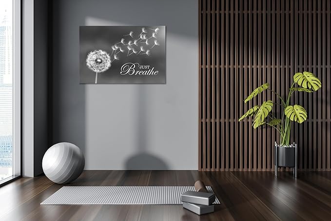 SKASNFAI Black and White Dandelion Zen Wall Art Canvas Just Breathe Motivation Positive Picture Art Print for Spa Yoga Meditation Wall Decor Ready to Hang (12L x 16W)