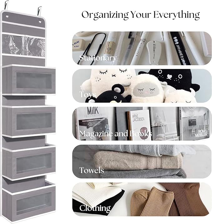 Over Door Organizer with 4 Large Capacity Pockets, Hanging Organizer Storage for Closet Bathroom Nursery Bedroom Dorm, Toys Cosmetics Sundries and Baby Essentials, Gray