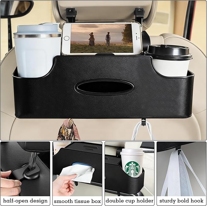 Back Seat Car Organizer, Upgraded Multifunctional Car Storage Box, Hanging Back Seat Storage Organizer, with Phone Holder, Tissue Box, Cup Holders, Hooks (Type B - Black)