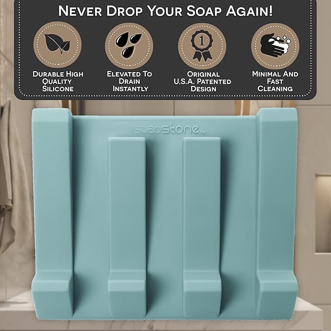 iSoapStone Silicone Soap Dish (USA Patented) Self Draining Bar Soap Holder for Shower Bathroom Sink, Drying Soap Dish Tray Sponge Holder Easy Cleaning Soap Saver Mat Travel Accessories (Teal, 1)
