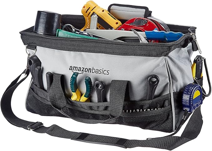 Amazon Basics Durable Wear-Resistant Tool Storage Bag with Adjustable Shoulder Strap,Portable Tool Organizer,16 in,Black & Grey,(Pack of 8)