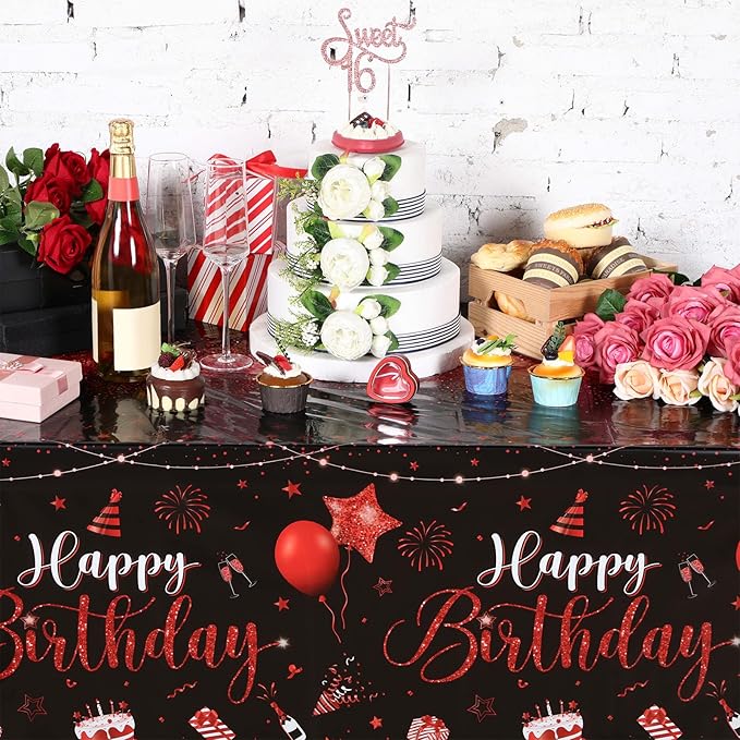 Tudomro 6 Pcs Happy Birthday Tablecloths Happy Birthday Party Decorations Plastic Table Cover Rectangular Cloths for Women Men Baby Shower Party Supplies, 108 x 54 Inch (Black Red)