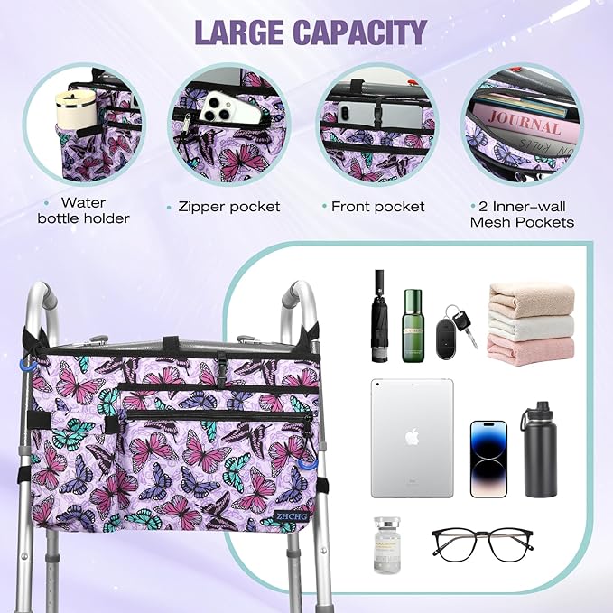 Walker Bag with Cup Holder, Walker Accessories for Seniors Detachable, Foldable Walker Basket with Big Capacity, Best Gift- Purple (Not Fit Rollator Walkers)
