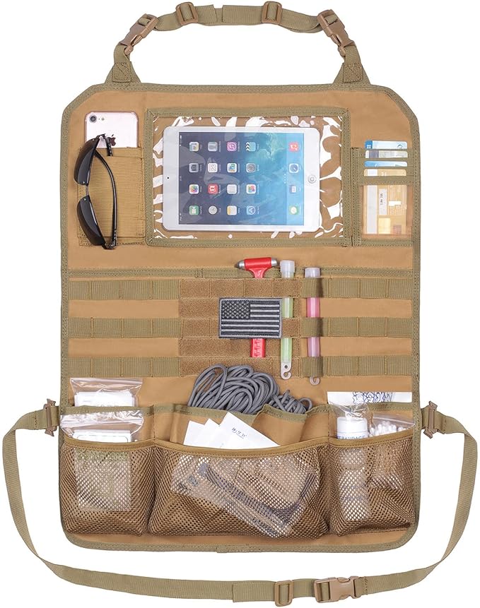 Tactical Car Seat Back Organizer Upgraded Tactical Molle Seatback Cover Protector Universal Fit Vehicles Truck MPV Pickup (Khaki)