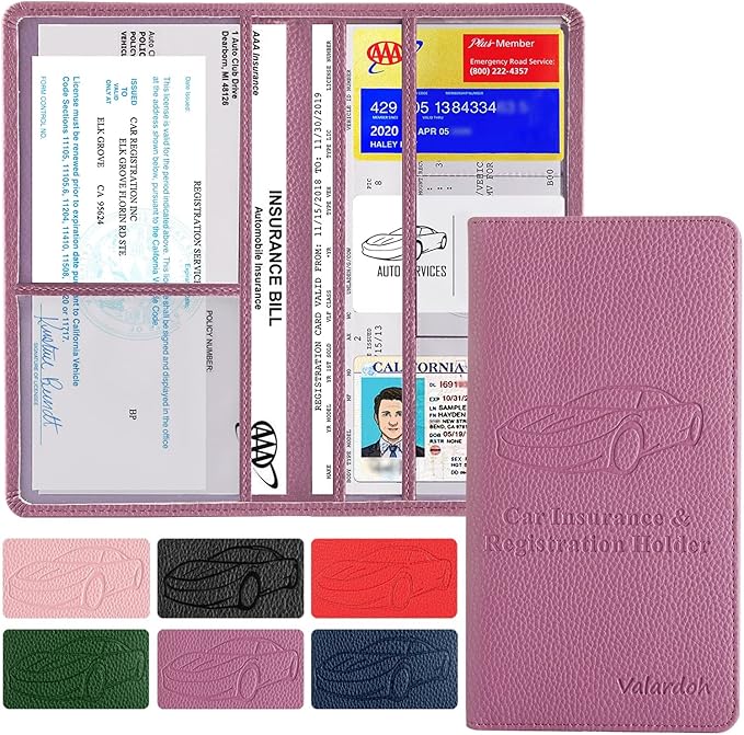 Valardoh Premium Car Registration and Insurance Card Holder, Car Document Holder for Cards, Driver License & other Essential Documents (Purple)