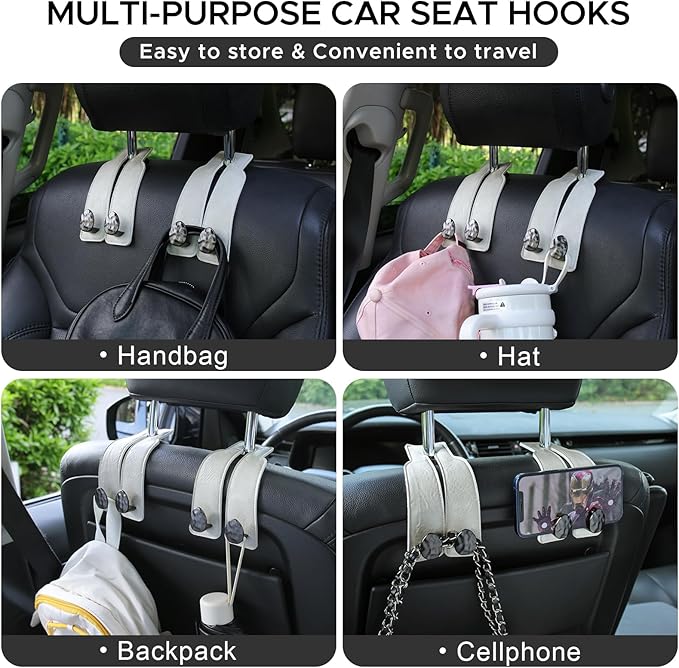 URIZZD 4 PCS Leather Car Seat Hooks for Headrest, Vehicle Hanger Storage Organizer Universal for Handbag Purse, Car Accessories Gift (White-Black-4 PCS)