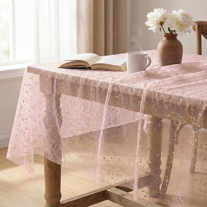 Horaldaily Pink Gold Gauze Tablecloth 60x140 Inch Rectangular, Golden Sequin Glitter Metallic Foil, Sheer Tulle Cheesecloth for Wedding Baby Shower Ceremony Birthday
