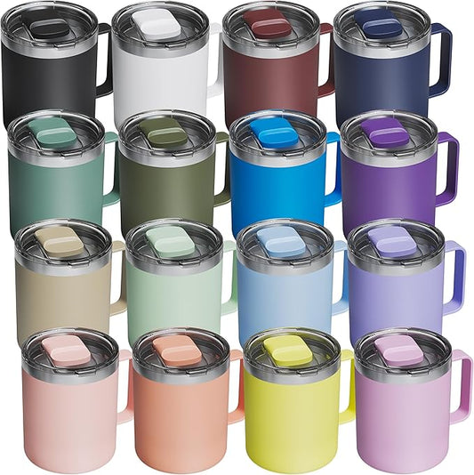 16 Pack 12oz Insulated Coffee Mug with Lid – Double Wall Stainless Steel Travel Cups with Handle, Keep Hot & Cold Drinks, Ideal Gift for Coffee Lovers, Home, Office & Camping (Assort colors)