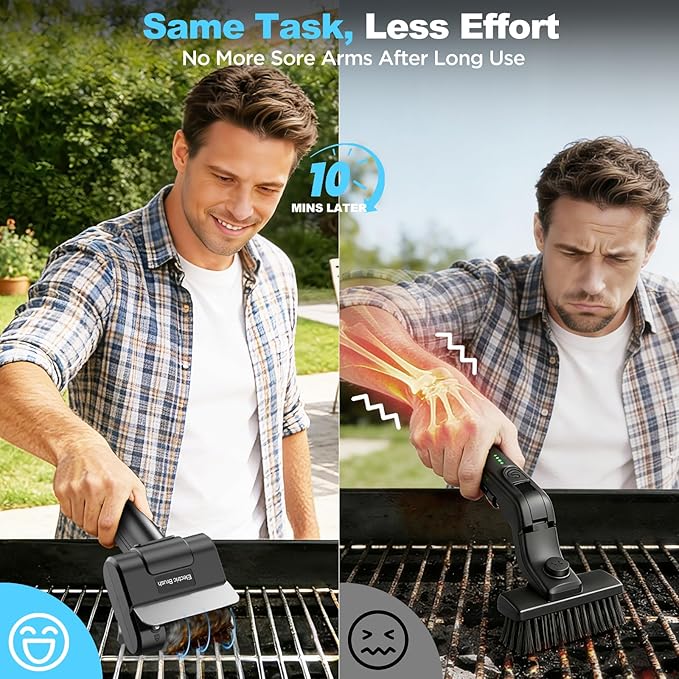 Electric Grill Brush with Dual Safety Lock - Ideal Gift for Men Dad Husband, Professional BBQ Cleaner with Submersible 304 SS Head, Splash-Proof Scrubber for Outdoor Grill (Blue Button)