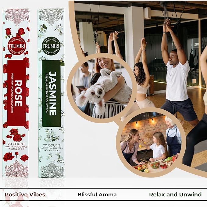 Trumiri Incense Sticks - Combo Pack of 40 Insence-Sticks - 20 Rose + 20 Jasmine - Insenses - Insents - Incents - Inscense - Incence - Incienso - All Natural Incense Sticks