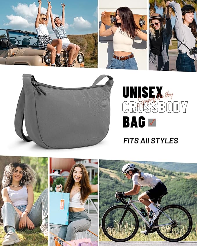 Crossbody Sling Bag for Women Men Trendy, Crescent Bag with Adjustable Strap, 2 Zippers Lightweight