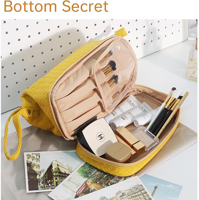 Abiudeng Large Capacity Makeup Bag for Women, Cosmetic Travel Bag with Compartments, Portable PU Leather Travel Makeup Bag with Handle