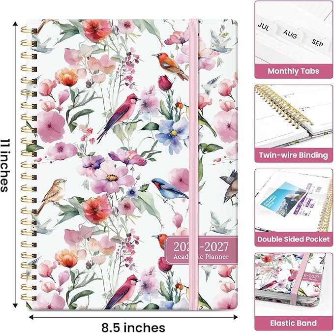 Planner 2026-2027, Academic Year Monthly and Weekly Calendar Planner, Jul 2026 - Jun 2027, Hardcover Teacher Student Planning Agenda book with Tabs, Perfect for School Office Supplies, 8.5" x 11" - Songbird Bloom