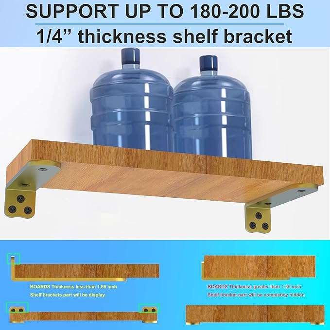 Eurydice Heavy Duty Floating Shelf Brackets, 1/4 inch Thick L Bracket, (12 in 6 Pack Gold), Holds 200 lb, Rounded Arc Edge, One-Piece, 3 Hole Mounting for Wood Shelves in Kitchen, Garage, Office, DIY