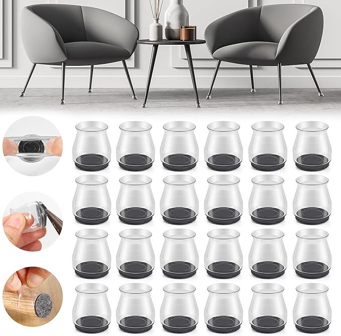 24PCS Upgraded Silicone Chair Leg Floor Protectors for Hardwood Floors, Furniture Sliders for Chair Legs, Felt Bottom Furniture Pads, Anti-Slip Round & Square Cap Covers to Prevent Scratches and Reduce Noise