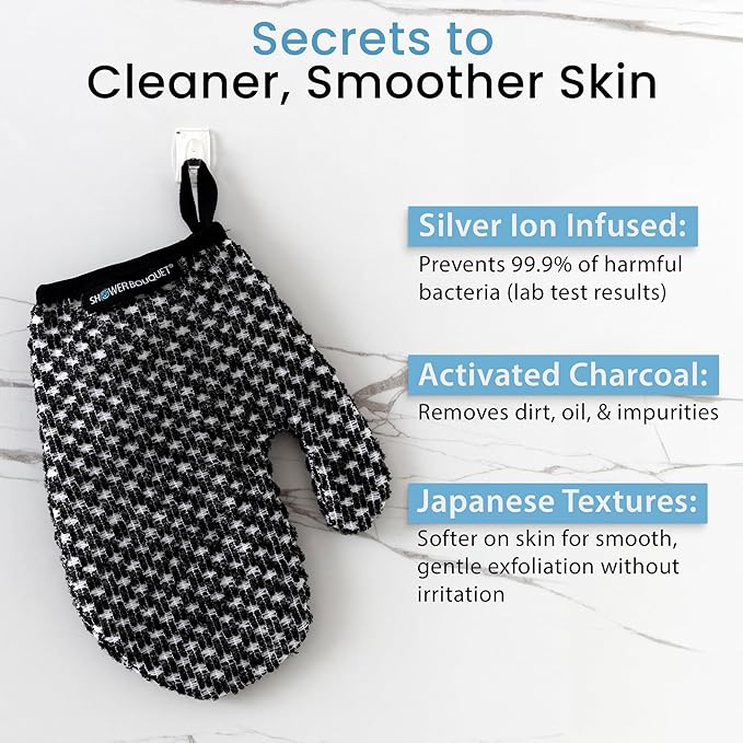 Japanese Exfoliating Mitt for Shower [1-Pack, White] - Charcoal & Silver Ion Exfoliating Glove - Gentle Exfoliation & Deep Cleansing Shower Mitt - Exfoliating Body Scrubber Glove, Soft Fabric Inside