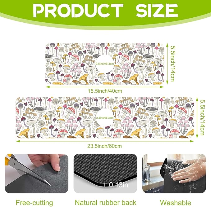 Colorful Mushrooms Kitchen Sink Splash Guard Faucet Mat, Super Absorbent Fast Drying Mat Guard Behind Faucet Drip Catcher for Kitchen Bathroom, 15.5"x5.5"