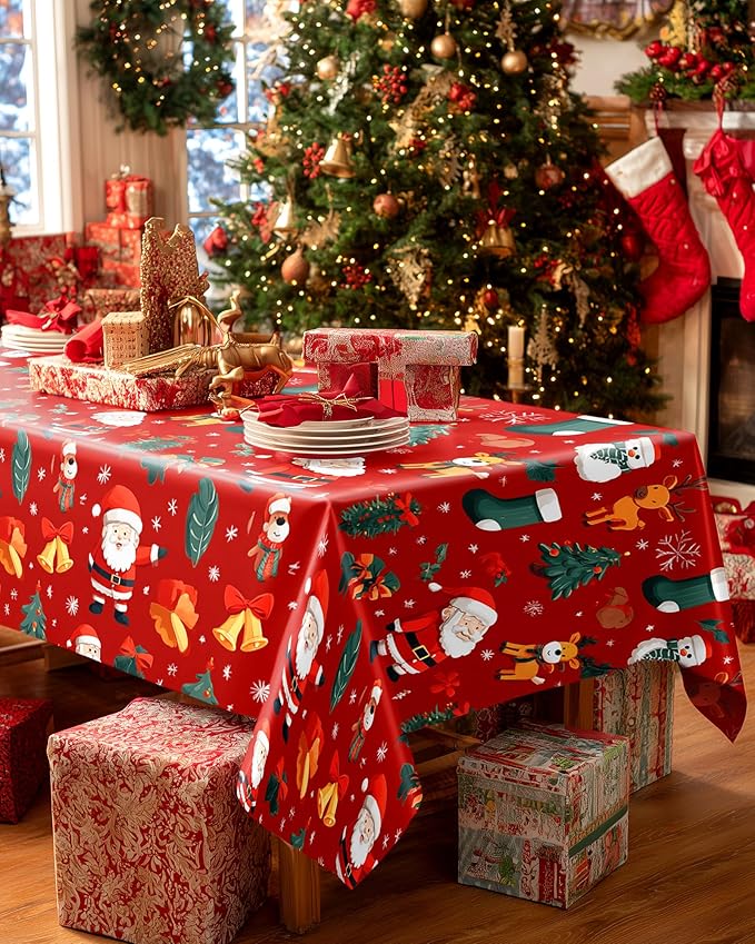 Pureegg Plastic Table Cloth Disposable 10 Pack, 54 x 108 Inch Table Cloths for Parties, Decorative Tablecloths for Rectangle Tables, Christmas Tablecloth Plastic, Leakproof & Sturdy, Christmas Red