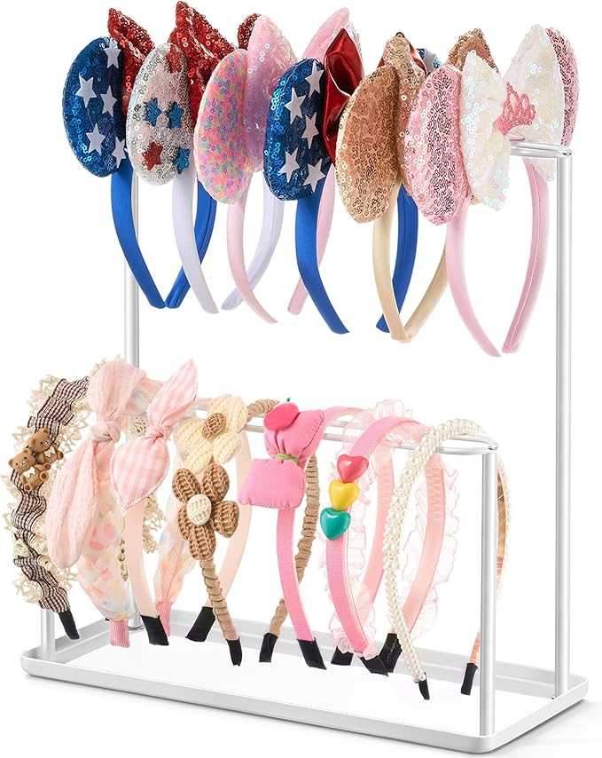 pickpiff Headband Holder Organizer Metal 2-Tier with Tray: Hair Accessories Display Stand Storage, Purse Charms Key Rings Rack Necklace Stand Home Bedroom for Girls Women, White
