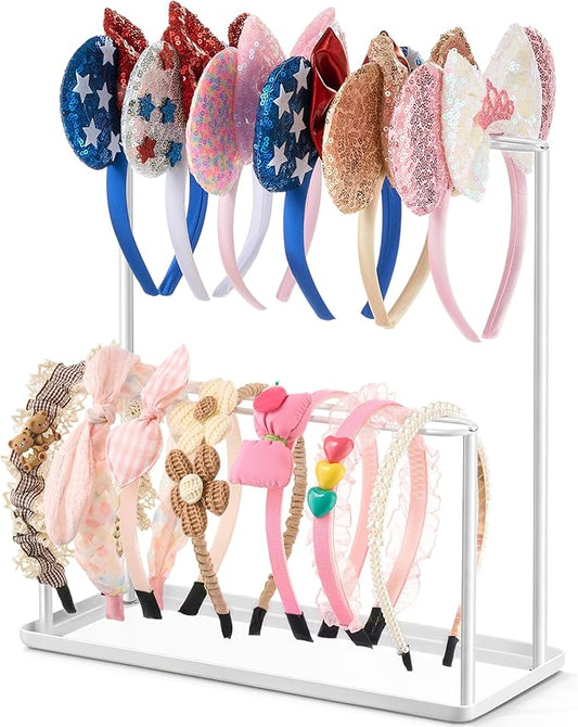 pickpiff Headband Holder Organizer Metal 2-Tier with Tray: Hair Accessories Display Stand Storage, Purse Charms Key Rings Rack Necklace Stand Home Bedroom for Girls Women, White
