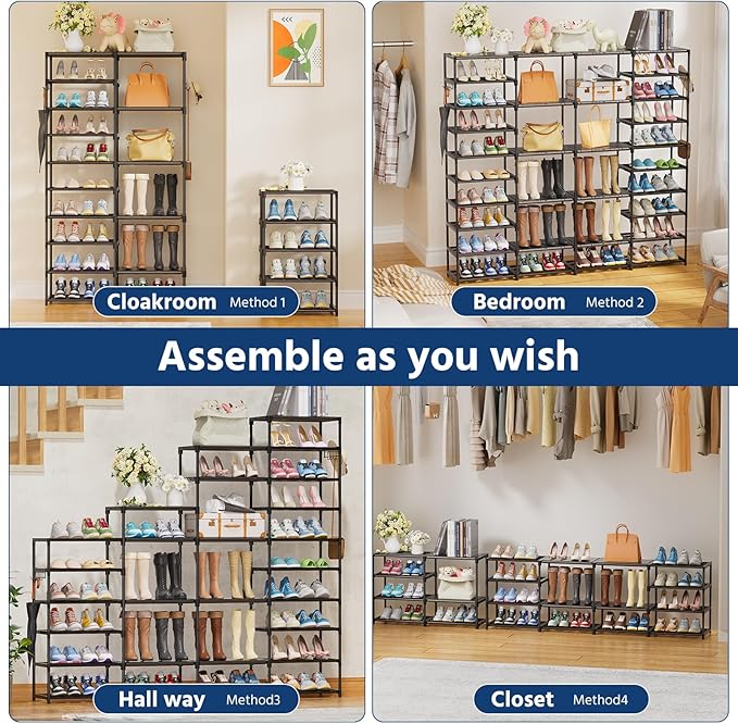 Large Shoe Rack Organizer for Entryway Closet 72-80 Pairs 10-Tier Heavy Duty Tall Garage Shoe Rack Shoe Shelf Shoes Storage with Removable Side Hooks for Bedroom and Garage, Black