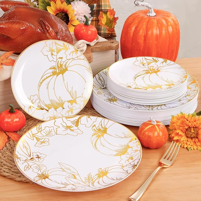 FLOWERCAT 60PCS Thanksgiving Plates & Gold Pumpkin Plates - Including 30PCS 10.25inch Thanksgiving Dinner Plates and 30PCS 7.5inch Dessert Plates for Giving Thanks Theme Party