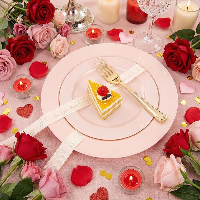 FLOWERCAT 60PCS Pink Plastic Plates - Heavy Duty Pink Disposable Plates for Easter Party & Valentine's Day/Wedding - Serving 30 Guests, Includes 30PCS 10.25inch & 30PCS 7.5inch