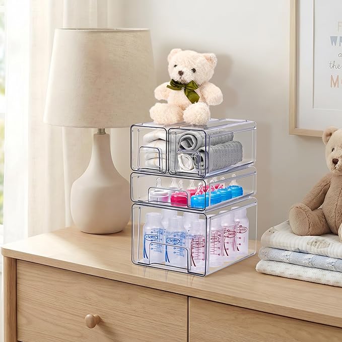 Sorbus Clear Stackable Storage Drawers, 4-Piece Set – 1 Large, 1 Medium & 2 Small Pull-Out Plastic Organizer Bins with Handles for Bathroom, Closet, Pantry, Cabinet & Medicine Storage