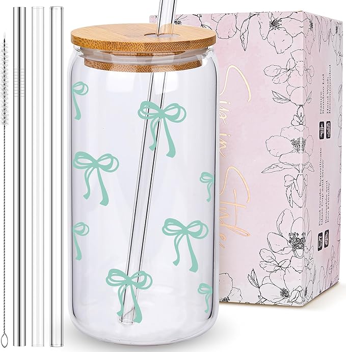 BIPEDS Coquette Cute Sage Green Bow Glass Cups with Lids and Straws, Aesthetic Iced Coffee Cup Girly Preppy Tumbler Mug, Christmas Valentines Birthday Gifts for Women, Teen Girl Gifts Trendy Stuff