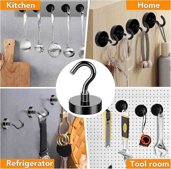 MIKEDE Magnetic Hooks, 50LB+ Heavy Duty Magnet Hooks for Cruise Cabins, Super Neodymium Hanging Hooks Black Strong Magnets with Hook for Fridge, Magnetic Hanger for Grill, Toolbox - Pack of 4