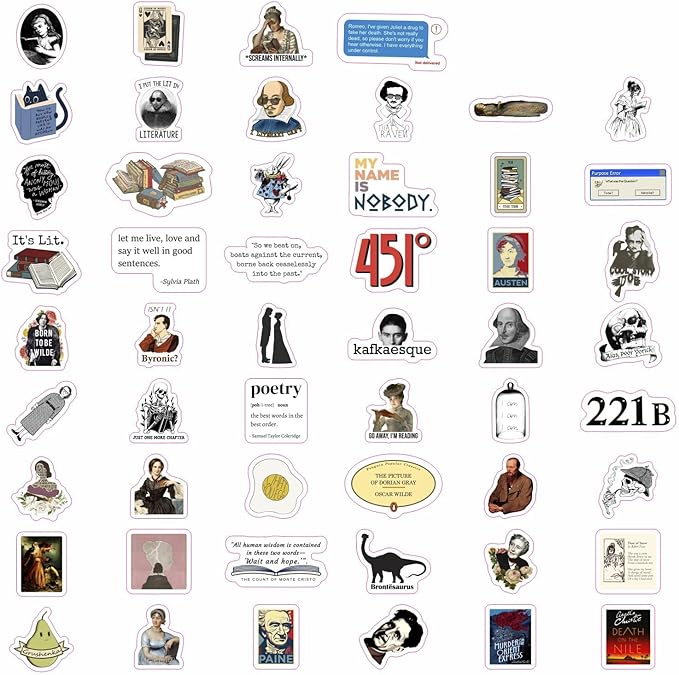BulbaCraft 100Pcs Literature Stickers for Water Bottle and Laptop - Literary Party Favors & Decorations, Books Bookish Writing Poetry Reading Stickers, Book Lovers Gifts, Gifts for Women & Men