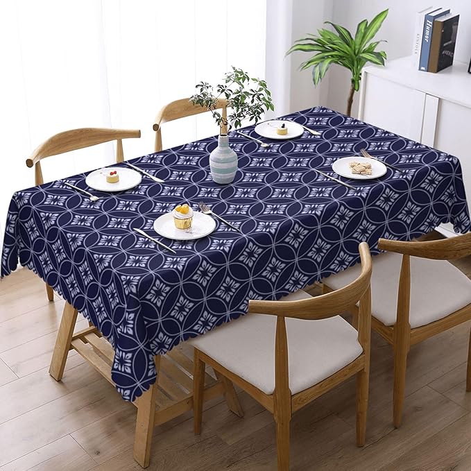 VIMPEYDON Indigo Circles Flower Table Cloth for Dining Tables, Reusable Blue White Abstract Floral Tablecloths Tabletop Decoration Rectangle Table Cover for Kitchen, Party, Holiday, 54x72 Inch