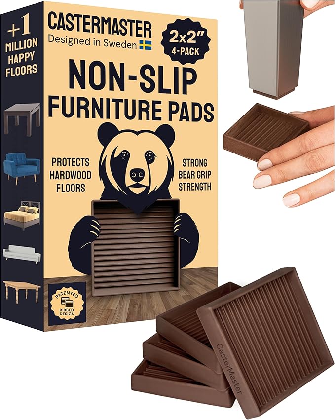 CasterMaster Non-Slip Furniture Pads - 2 in x 2 in Brown 4 Pack - Chair Leg Floor Protectors & Furniture Sliders for Hardwood, Vinyl & Tile Floors - Bed Stoppers