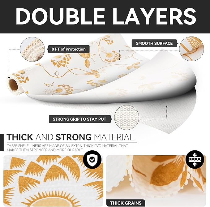 RAY STAR Shelf Liner, Non Adhesive Golden Leaves Floral Kitchen Cabinet Liner for Pantry Drawer Vanity, Strong Grip Non Slip, Shelf Liners for Kitchen Cabinets Cupboard 18 Inch x 8 FT (5 Rolls)