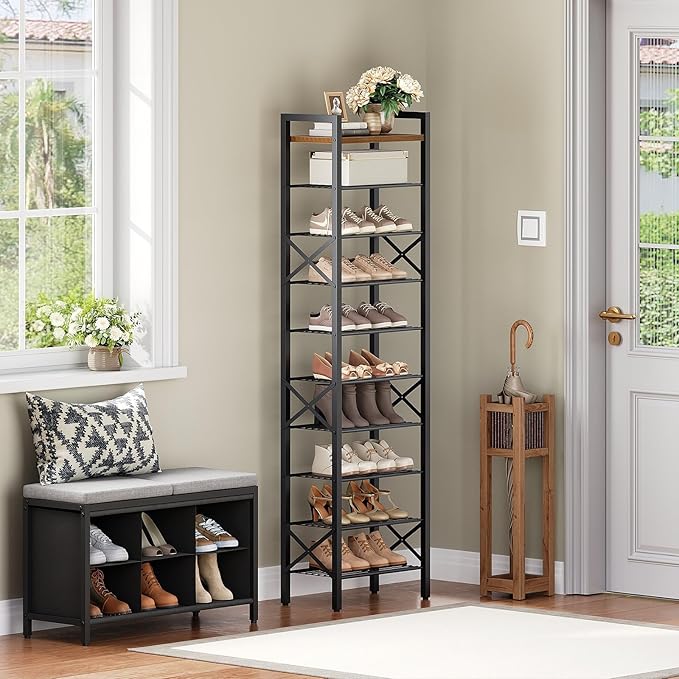 10-Tier Narrow Shoe Rack, Tall Shoe Rack for 10-20 Pairs, Slim Shoe Storage Organizer with Wooden Top, Space Saving, Metal Frame, for Entryway, Rustic Brown and Black SS68BR