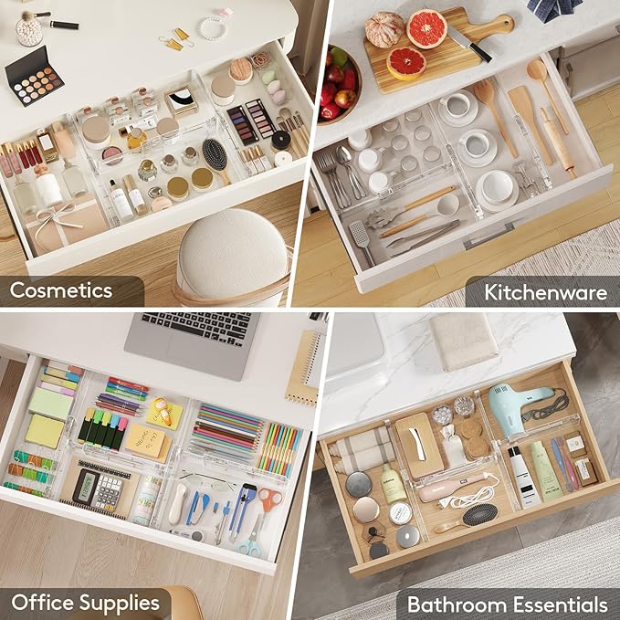 Lifewit 8 Pack Drawer Dividers 4" High, 11-17" Adjustable Dresser Drawer Organizers for Clothes, Expandable Dresser Separators in Bedroom/Bathroom/Kitchen/Vanity/Office Organization and Storage,Clear