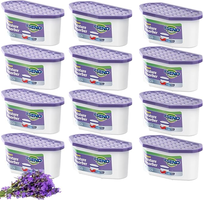 Ksend Moisture Absorbers, 12 Pack, Compact Dehumidifier for Closet, Efficient Humidity Absorber Boxes, Moisture Absorber for Closet, Odor Eliminator with Lavender Fragrance, Purple, 6.4oz, 300ml