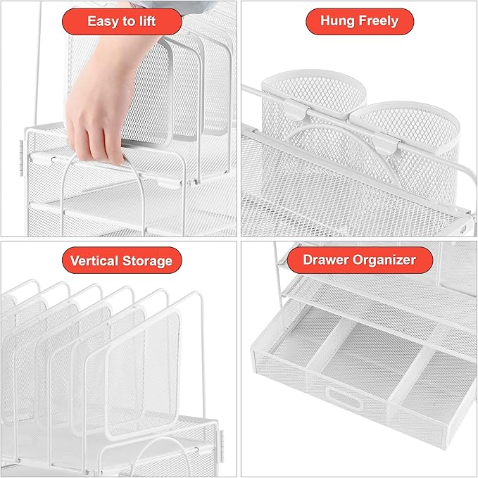 Marbrasse Desk Organizers, 4-Tier Mesh Desk File Organizer with 5 Vertical File Holders and 2 Pen Holders, Multifunction Desktop Organizer, Desk Organizers and Accessories for Home Office (White)