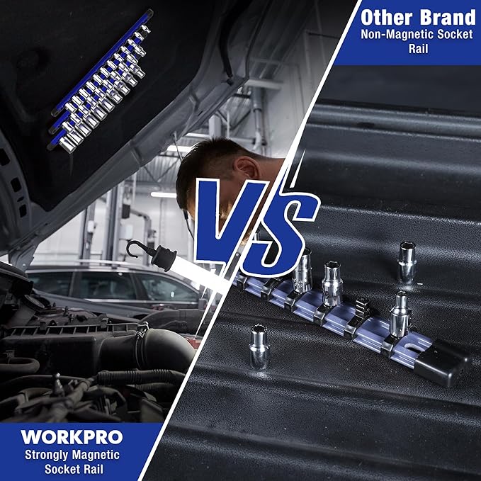 WORKPRO Magnetic Socket Organizer, 3/8-Inch Drive Aluminum Alloy Socket Rail, Heavy Duty Socket Holder, Socket Rack Kit 3/8-Inch x 10 Clips (Blue)