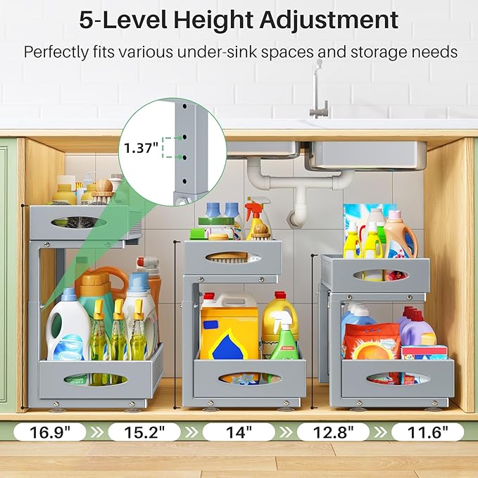 2 Pack Under Sink Organizer, 2 Tier Pull-Out Cabinet Organizer Mesh Baskets with 5 Adjustable Heights, Sliding Drawers Storage Shelf for Home, Kitchen, Bathroom, Pantry, Office, Countertop, Grey