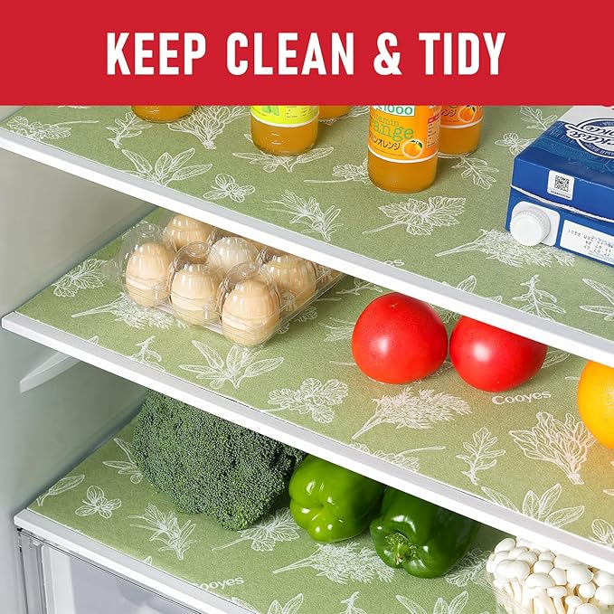 Cooyes Shelf Liner for Refrigerator & Drawer, Non-Adhesive Cabinets Liner for Kitchen Cupboard & Fridge, Breathable Cloth Material, Vegetable-Patterned, 6 Pack 12“ × 24”, Sage Green