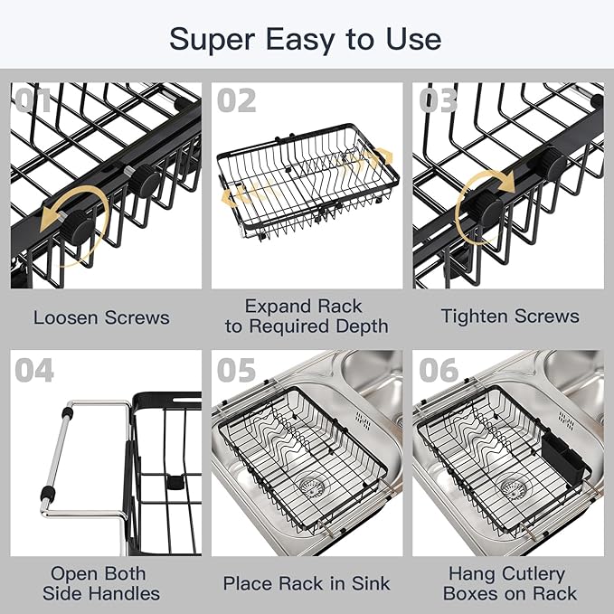 MAJALiS Small Expandable Over The Sink Dish Drying Rack Drainer In Stainless Steel Metal For Kitchen, Counter Space Saving Compact Plate Dryer Strainer Adjustable Hanging Inside Sink Wire Drain Holder