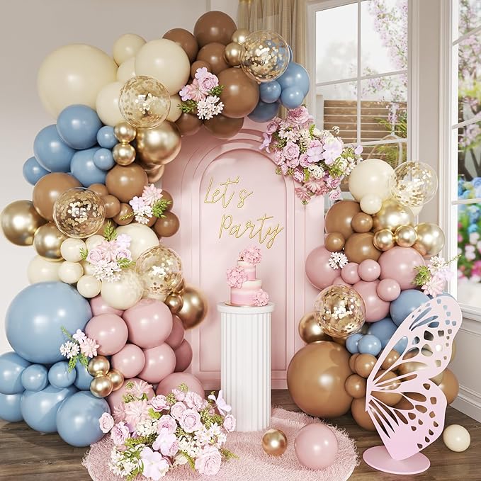 Woaipati 148-Piece Dusty Pink Blue Brown Yellow Balloon Arch Garland Kit, Retro Pink Dusty Blue Brown Pastel Yellow Gold Confetti Balloons for Baby Shower Wedding Engagement Birthday Party Decorations